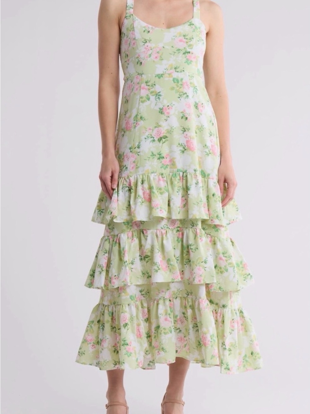 mine Pastel Green Floral Tiered Maxi Dress with Pink Accents